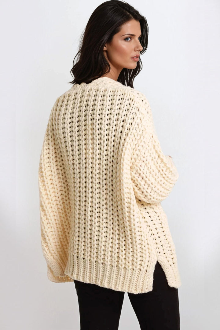 Cream Chunky Knit Cardigan With Pockets - jqwholesale.com