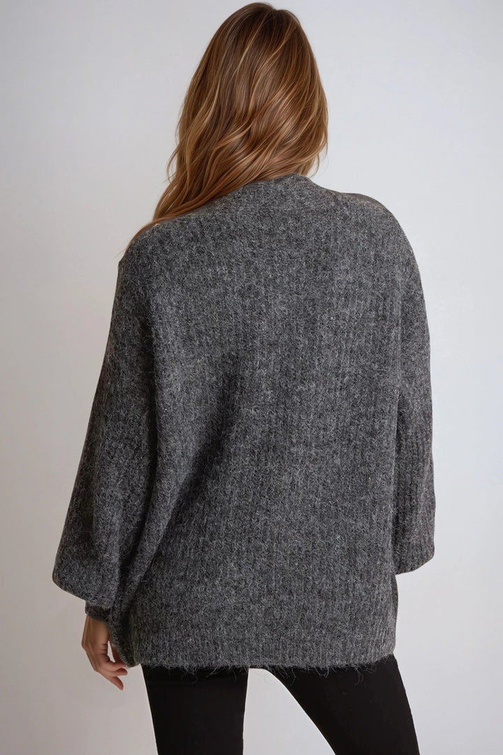 Charcoal Wool Blend Balloon Sleeve Knitted Cardigan - jqwholesale.com