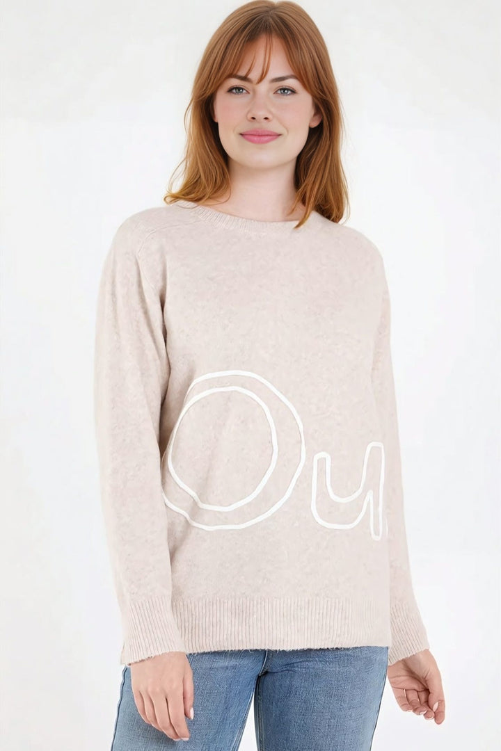 Beige 'Oui' Embroidery Fine Knit Jumper - jqwholesale.com