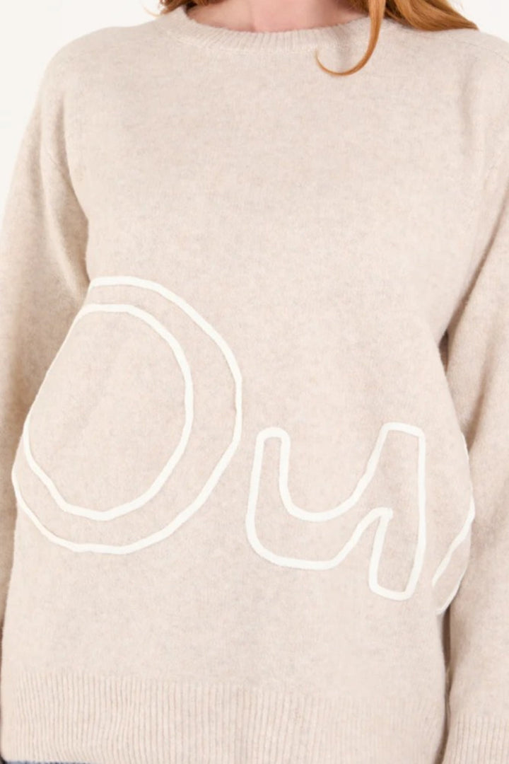 Beige 'Oui' Embroidery Fine Knit Jumper - jqwholesale.com