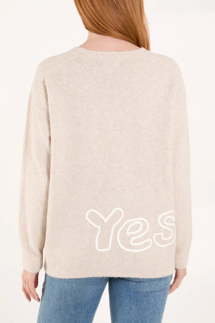 Beige 'Oui' Embroidery Fine Knit Jumper - jqwholesale.com