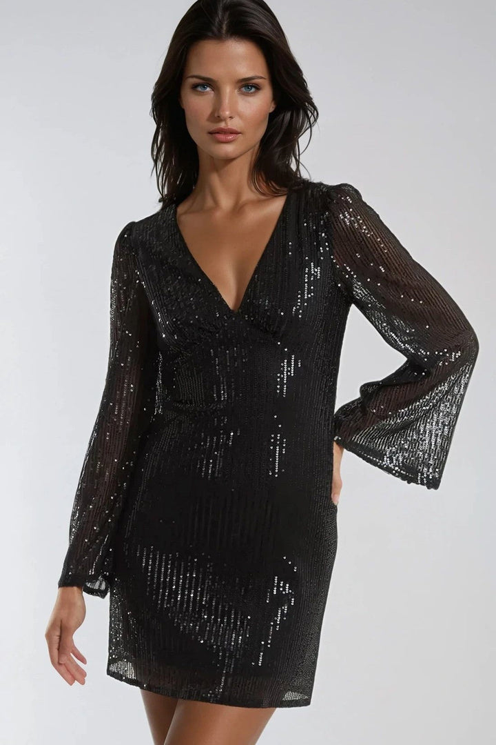Black Sequin Angel Sleeve V Neck Mini Dress - jqwholesale.com