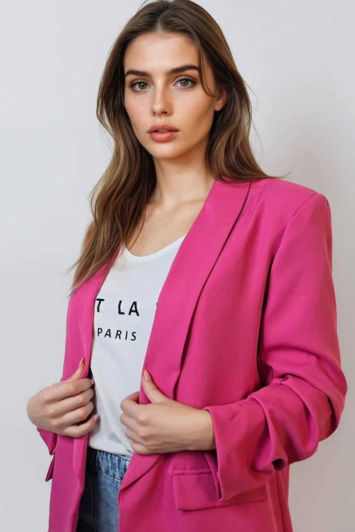 Fuchsia Blazer with Ruched Sleeves - jqwholesale.com