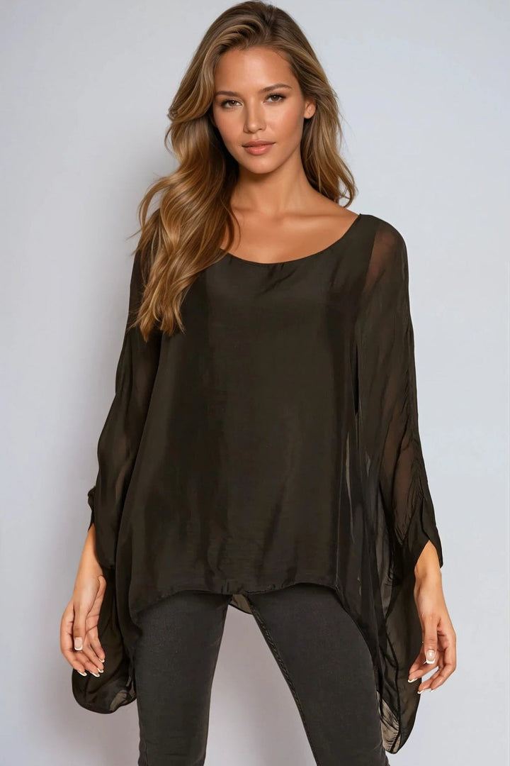 Black Silk Batwing Sleeve Round Neck Blouse - jqwholesale.com