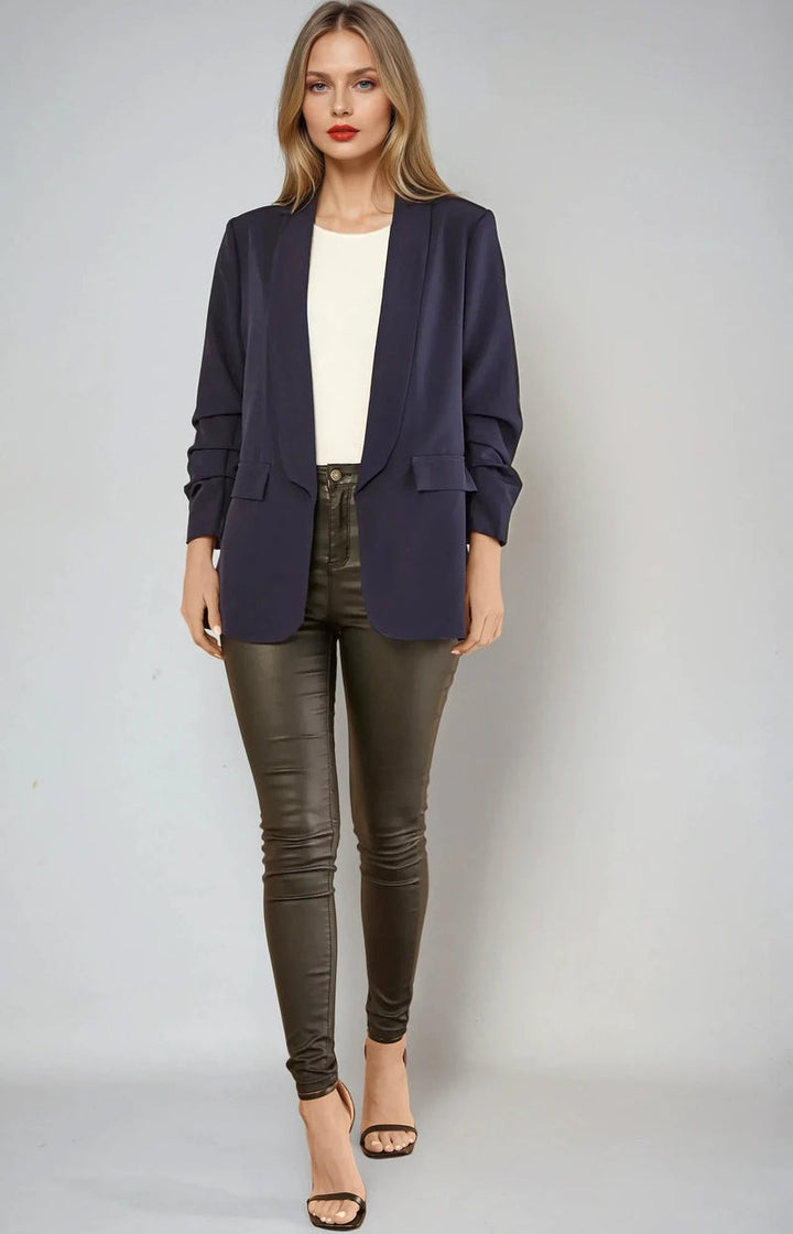 Navy Blazer with Ruched Sleeves - jqwholesale.com