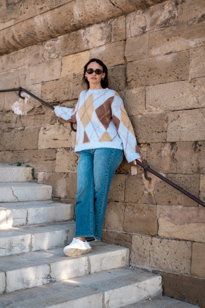Blue Argyle Knit Round Neck Jumper - jqwholesale.com