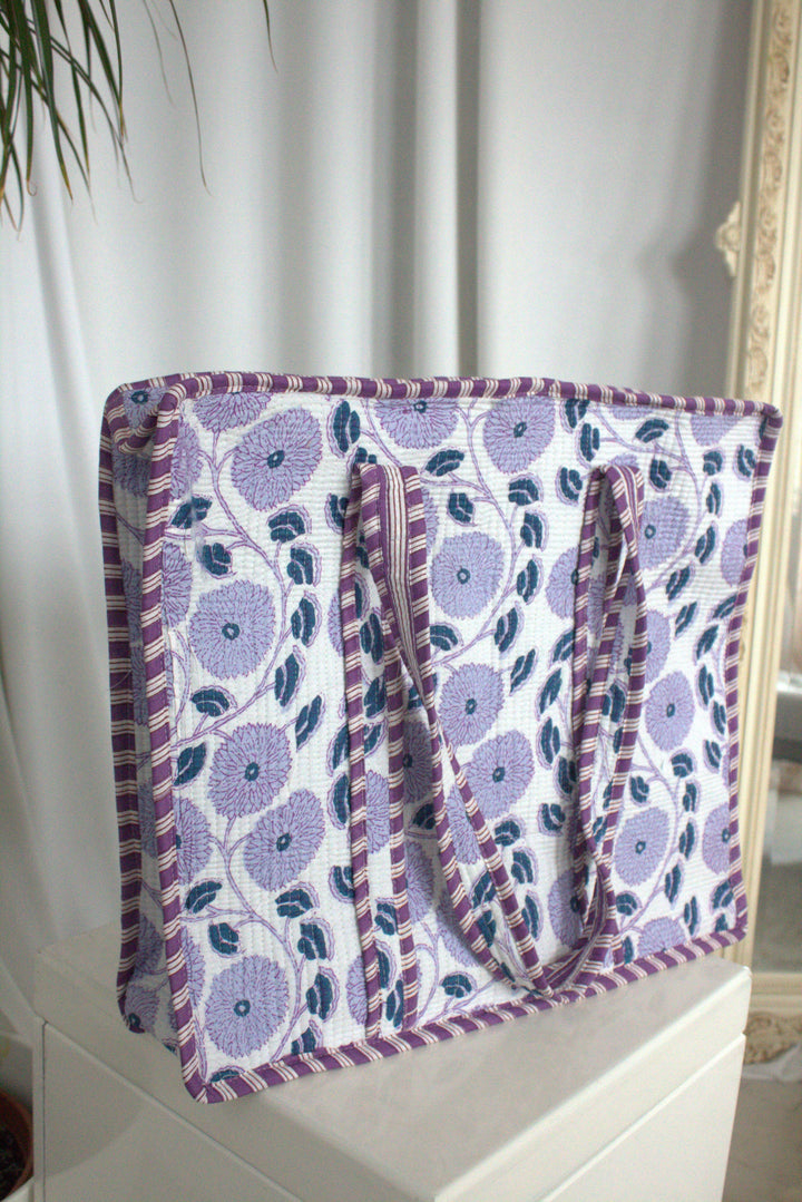 Quilted Printed Tote Bag in Purple Floral - jqwholesale.com