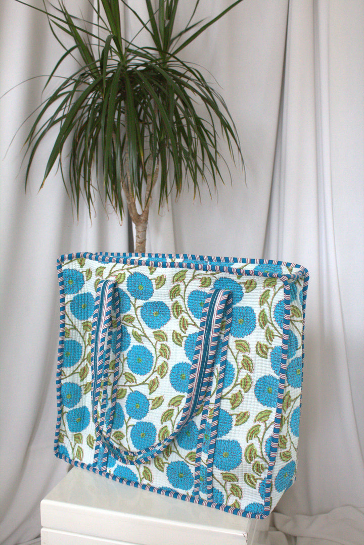 Quilted Printed Tote Bag in Blue Floral - jqwholesale.com