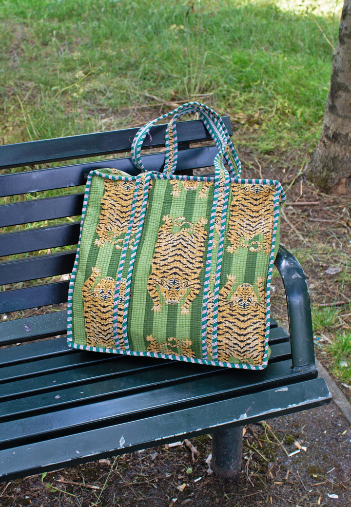 Quilted Printed Tote Bag in Green Tiger - jqwholesale.com