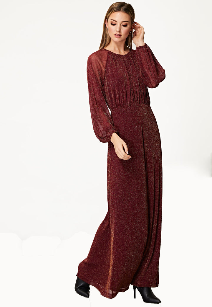 (4P.PACK) Long Sleeve Chiffon Maxi Dress Gold Lurex Flecking in Burgundy - jqwholesale.com