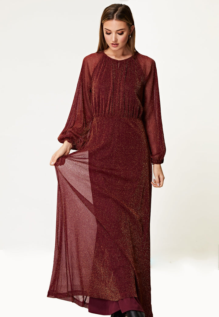 (4P.PACK) Long Sleeve Chiffon Maxi Dress Gold Lurex Flecking in Burgundy - jqwholesale.com