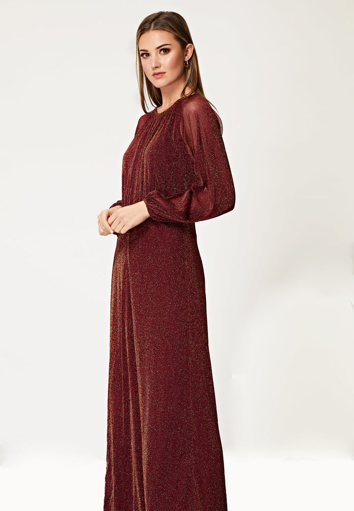 (4P.PACK) Long Sleeve Chiffon Maxi Dress Gold Lurex Flecking in Burgundy - jqwholesale.com
