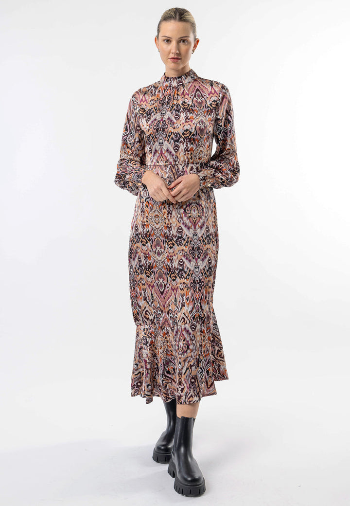 High Neck Long Tea Satin Dress in Tan Paisley Print - ANGELEYE