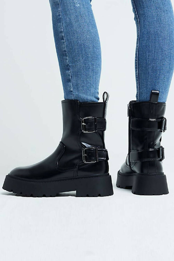 Black Double Buckle Chunky Biker Boots (PACK OF 12 PAIRS UK3-UK8)