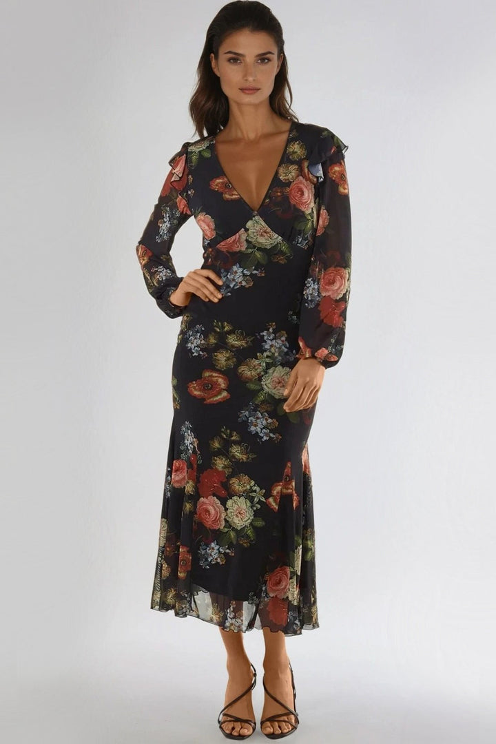 Black Floral V Neckline Midi Dress - jqwholesale.com