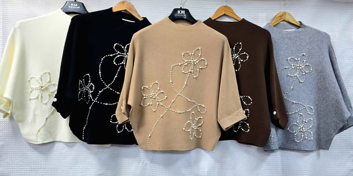 Floral Pearl Embellished Turtle Knit