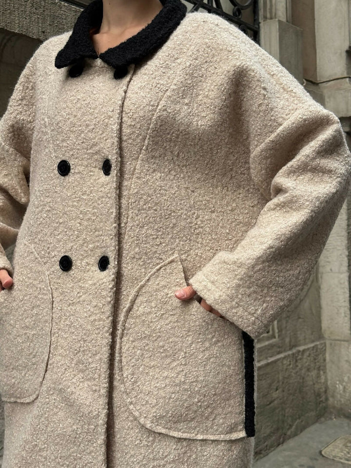 Contrast Collar Bouclé Button Coat in Beige