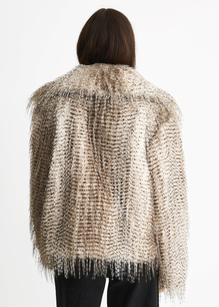 Brown Snow Leopard Faux Fur Short Jacket - jqwholesale.com