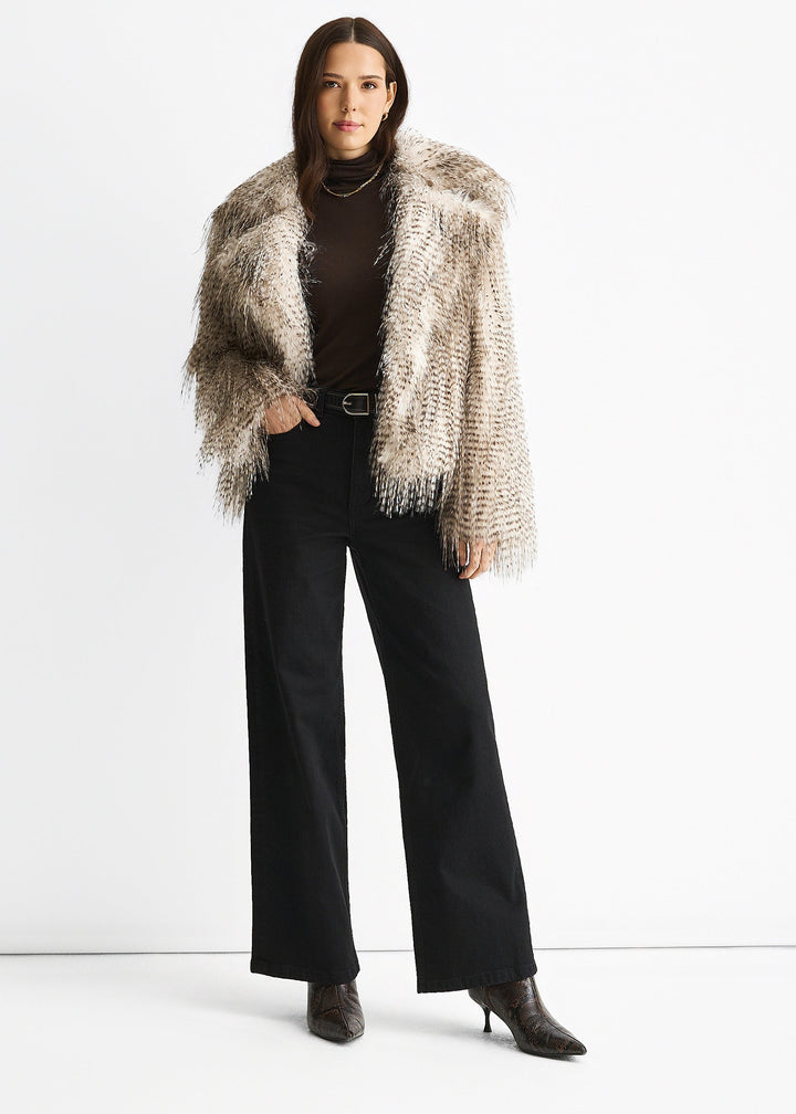 Brown Snow Leopard Faux Fur Short Jacket - jqwholesale.com