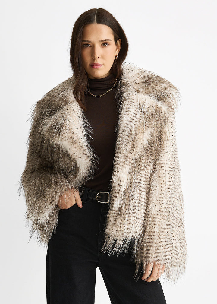 Brown Snow Leopard Faux Fur Short Jacket - jqwholesale.com