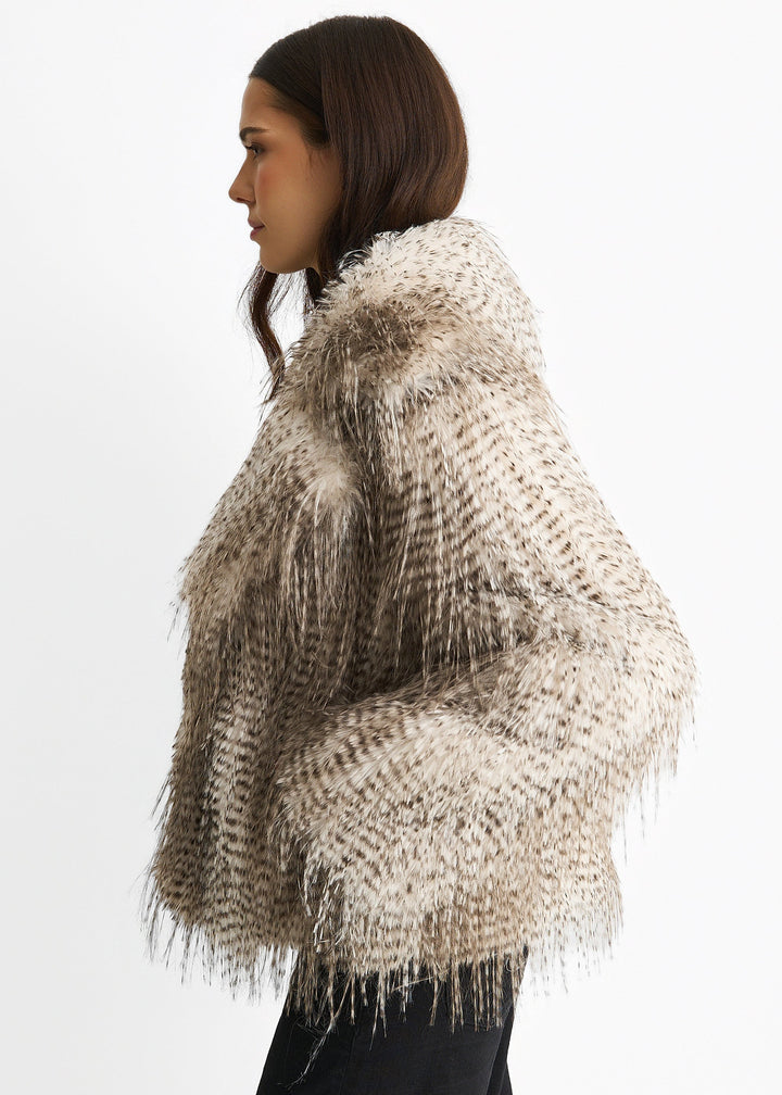 Brown Snow Leopard Faux Fur Short Jacket - jqwholesale.com