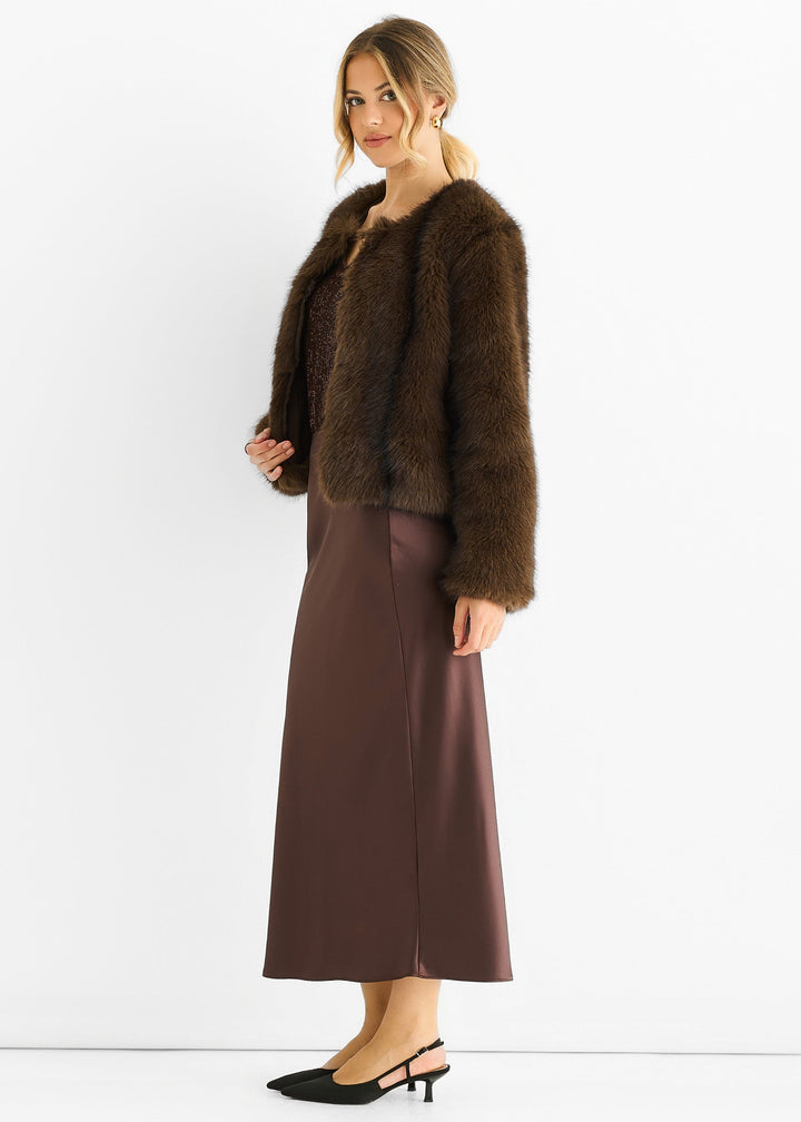Coffee Round Neck Faux Fur Cropped Jacket - jqwholesale.com