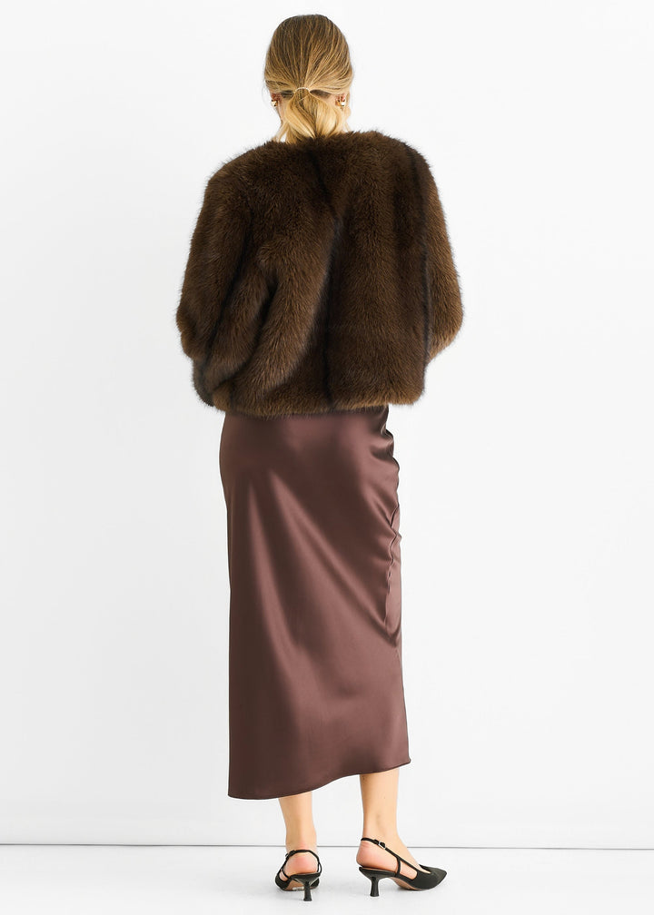 Coffee Round Neck Faux Fur Cropped Jacket - jqwholesale.com