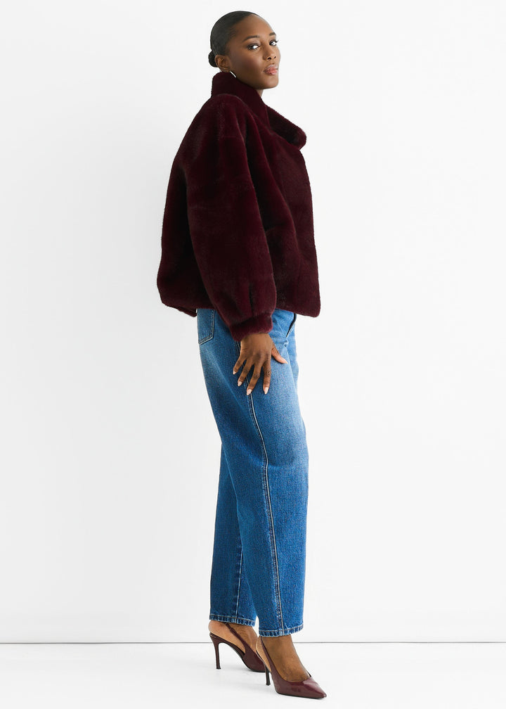 Angora Red Funnel Neck Button Up Faux Fur Jacket - jqwholesale.com
