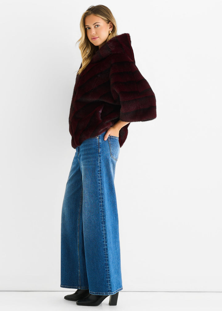 Burgundy Hooded Chevron Faux Fur Cape Jacket - jqwholesale.com