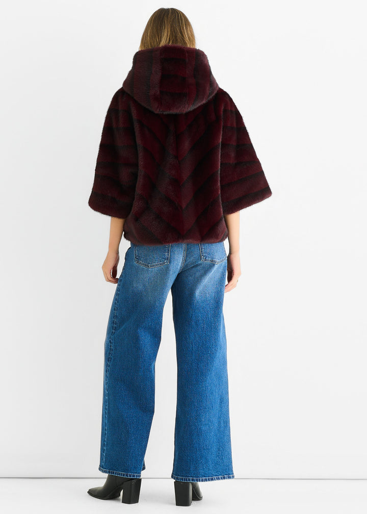 Burgundy Hooded Chevron Faux Fur Cape Jacket - jqwholesale.com