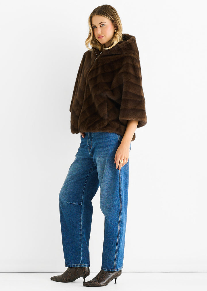 Coffee Hooded Chevron Faux Fur Cape Jacket - jqwholesale.com