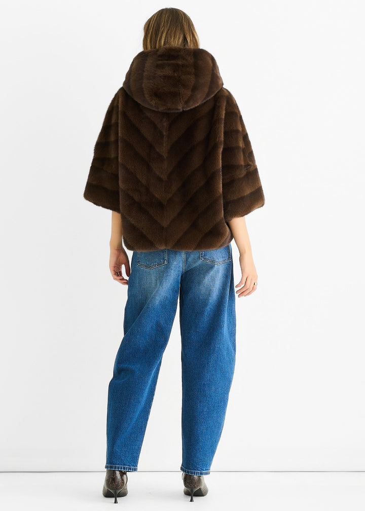 Coffee Hooded Chevron Faux Fur Cape Jacket - jqwholesale.com