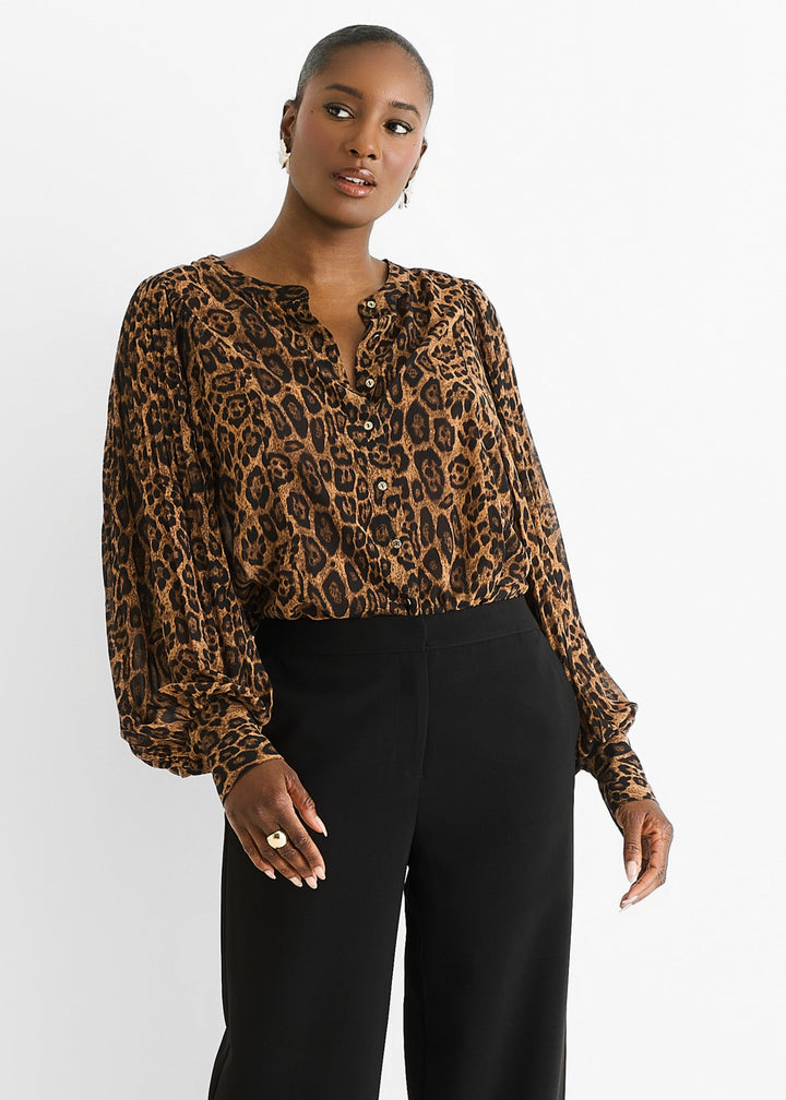 Brown Chiffon Animal Print Pleated Shift Shirt Blouse - jqwholesale.com