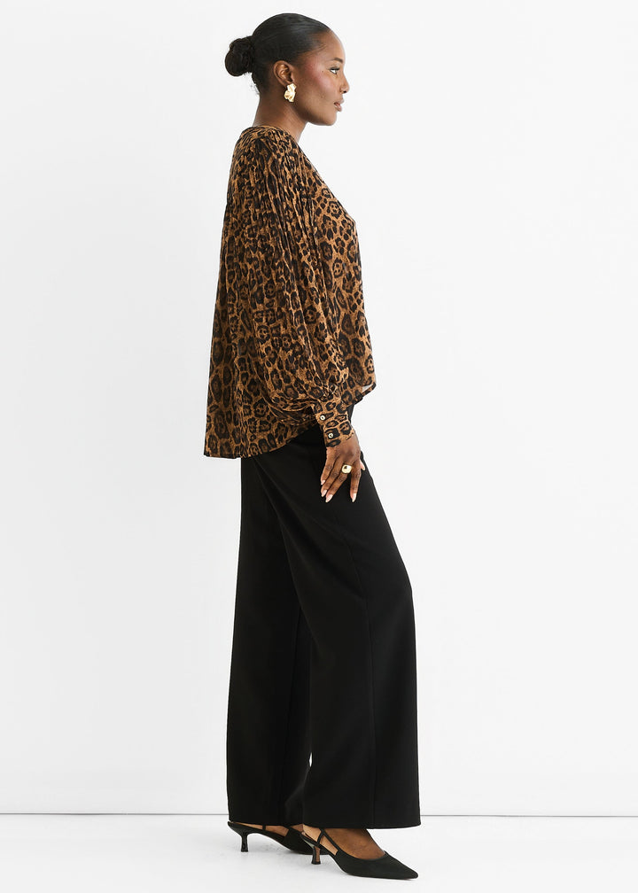 Brown Chiffon Animal Print Pleated Shift Shirt Blouse - jqwholesale.com