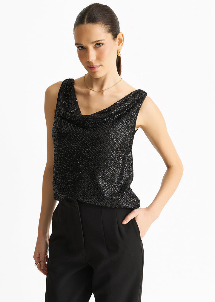 Black Sequin Cowl Neck Cami Top - jqwholesale.com