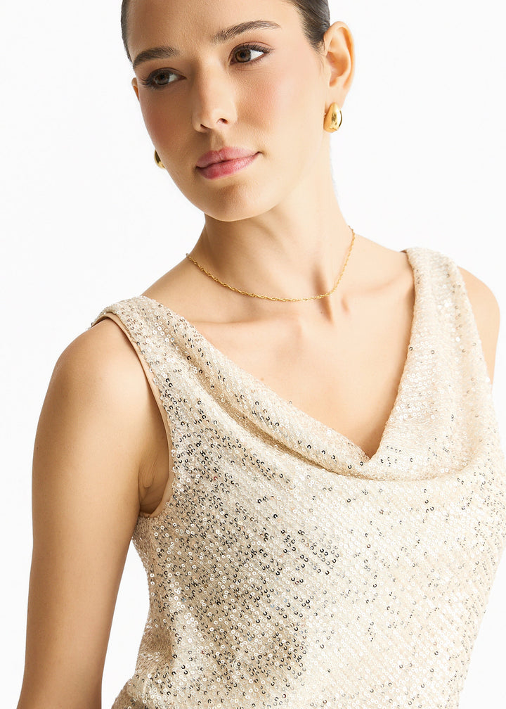 Champagne Sequin Cowl Neck Cami Top - jqwholesale.com