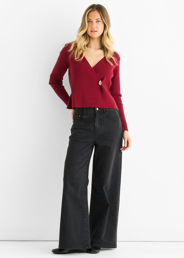 Burgundy Button Wrap Compact Knit Cardigan - jqwholesale.com