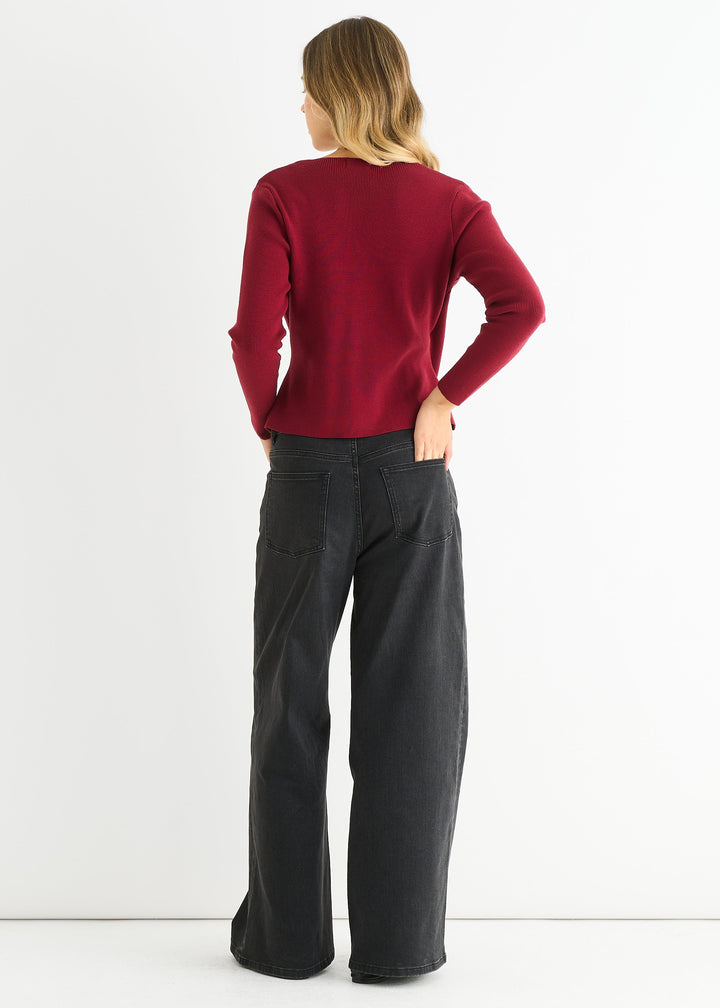 Burgundy Button Wrap Compact Knit Cardigan - jqwholesale.com