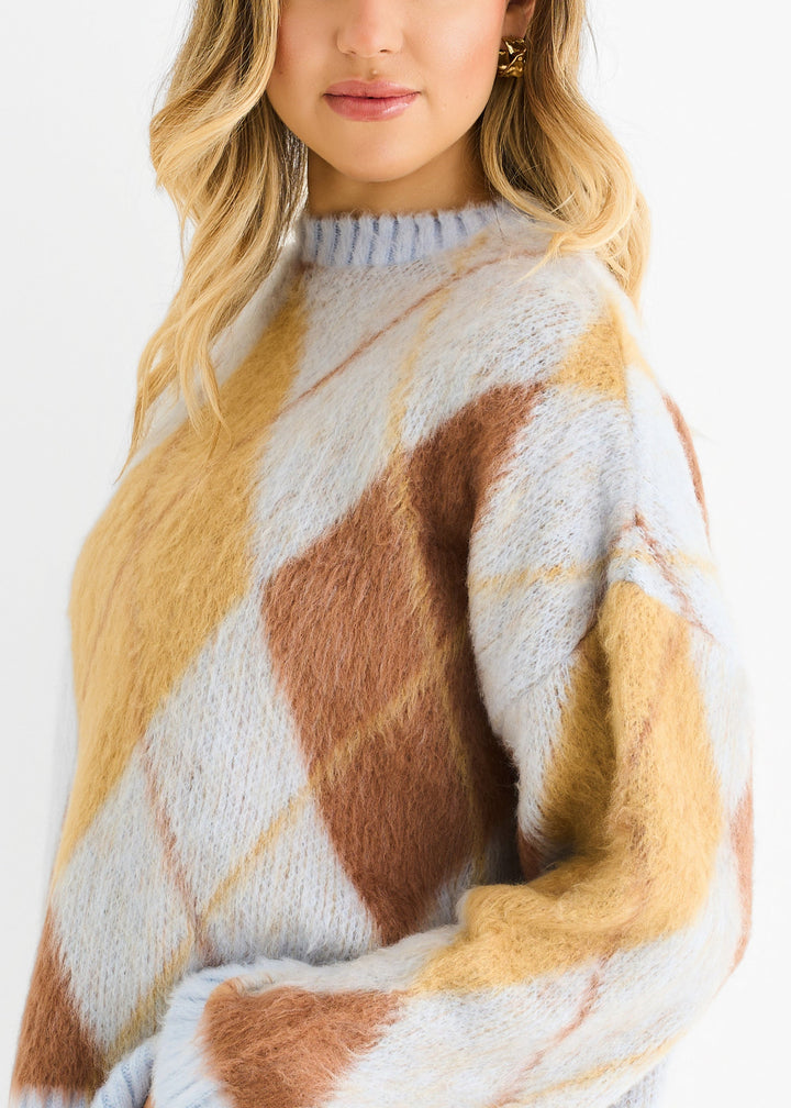Blue Argyle Knit Round Neck Jumper - jqwholesale.com