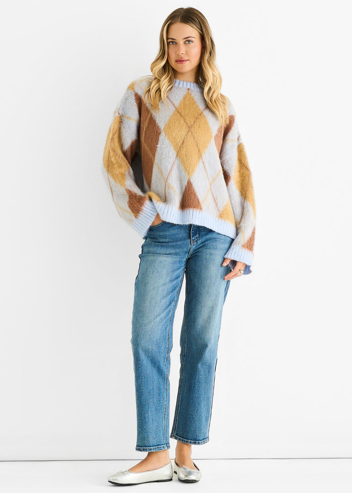 Blue Argyle Knit Round Neck Jumper - jqwholesale.com