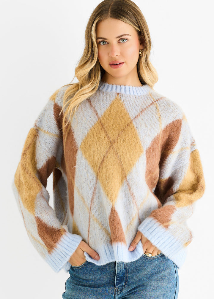 Blue Argyle Knit Round Neck Jumper - jqwholesale.com