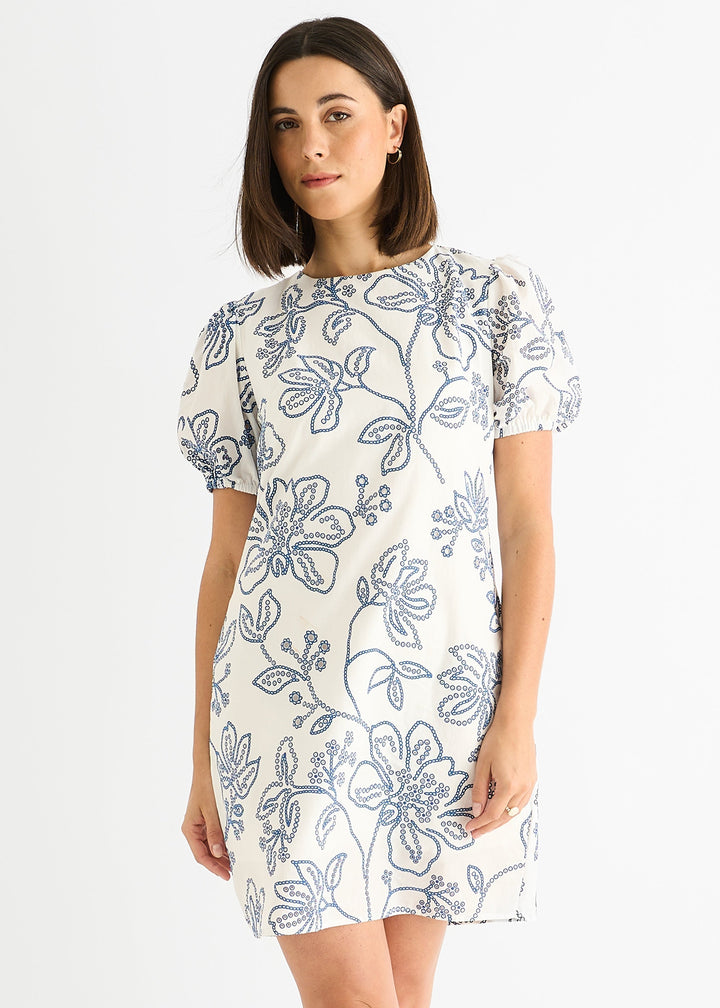 White Blue Floral Embroidered Mini Dress - jqwholesale.com