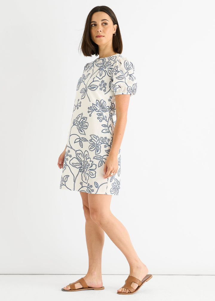 White Blue Floral Embroidered Mini Dress - jqwholesale.com