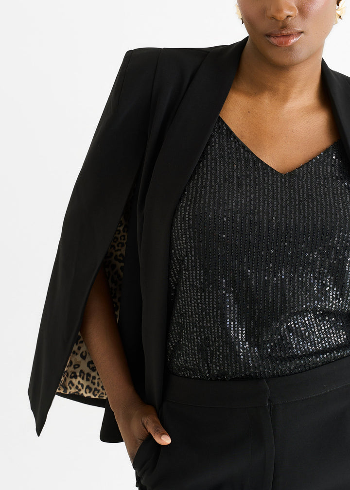 Black Contrast Animal Lining Tailoring Cape Blazer - jqwholesale.com