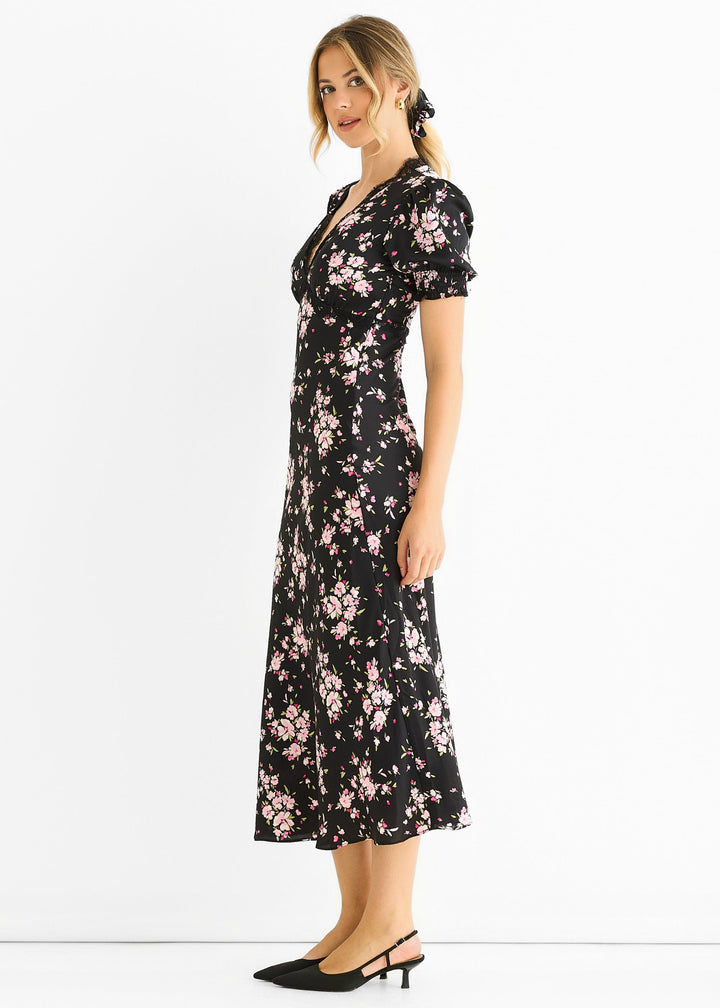 Black Floral Lace Trim Bias Midi Dress - jqwholesale.com