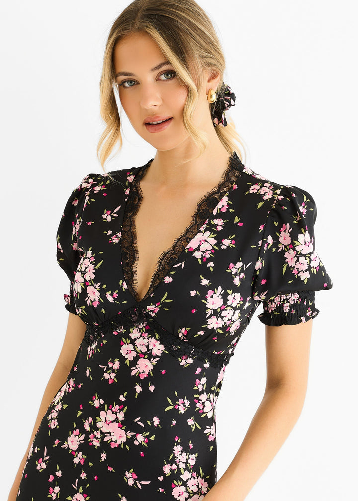 Black Floral Lace Trim Bias Midi Dress - jqwholesale.com