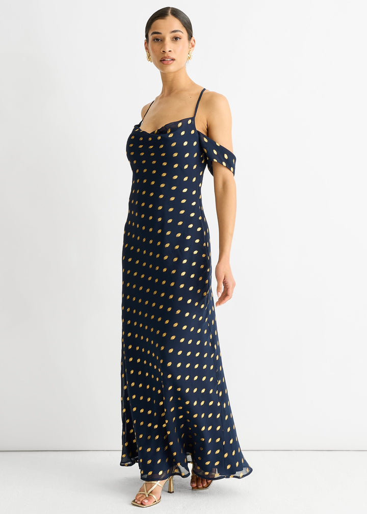 Navy Cowl Neck Drop Sleeves Foil Maxi Dress - jqwholesale.com