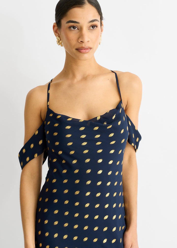 Navy Cowl Neck Drop Sleeves Foil Maxi Dress - jqwholesale.com