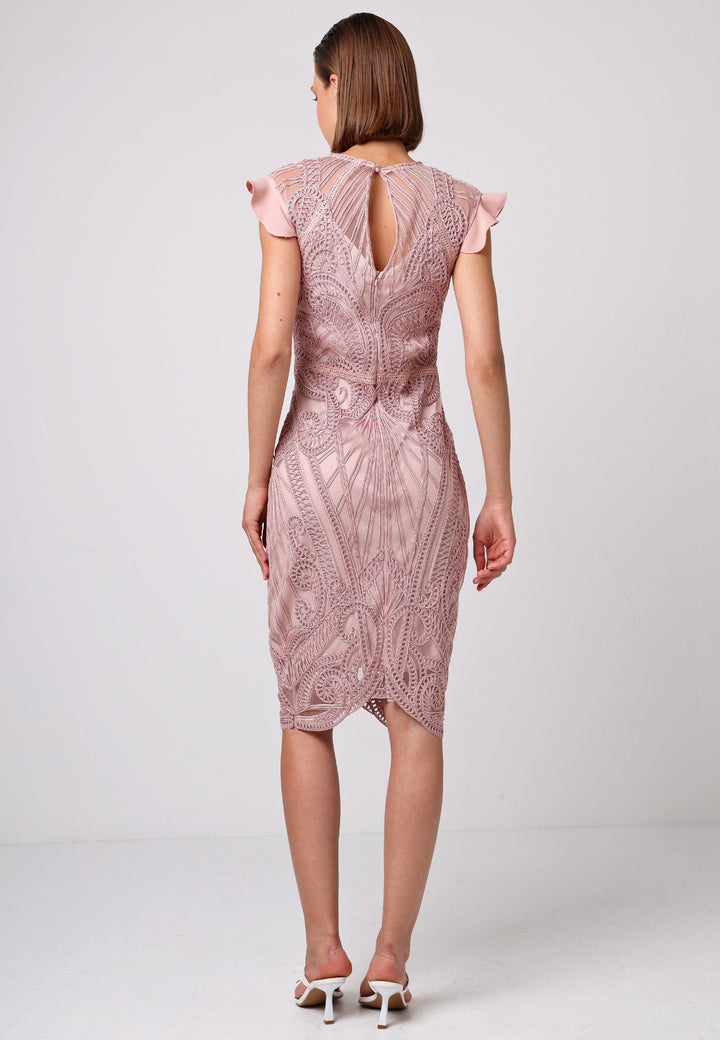 Bodycon Lace Midi Dress In Rose Pink - ANGELEYE