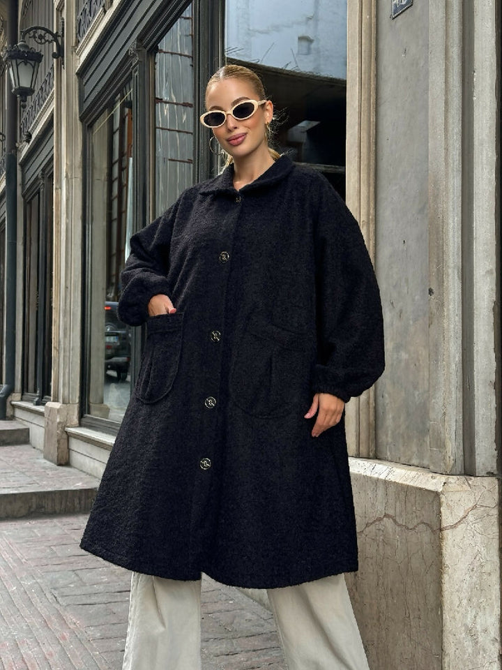 Soft Bouclé Button-Front Long Coat in Black
